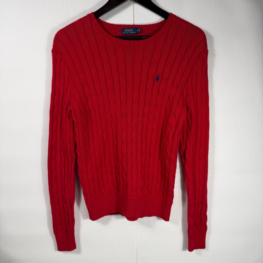 Polo Ralph Lauren Red Cable Knit Cotton Sweater Men's Crew Neck Navy Pony Large